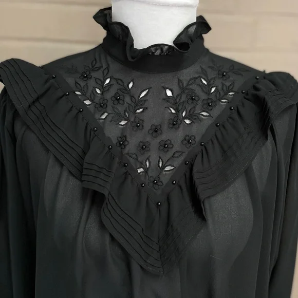 Vintage black ruffle collar shear blouse  XL - Picture 2 of 12
